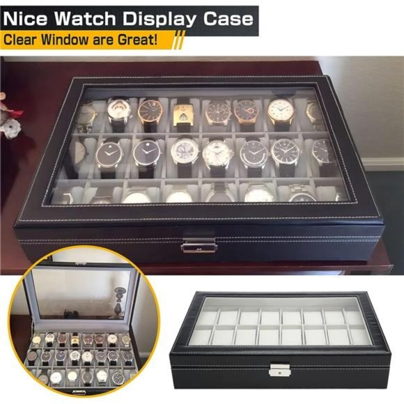 24 Slots Watch Display Case Glass Top, PU Leather Jewelry Case, Removable Pillow - Picture 2 of 6